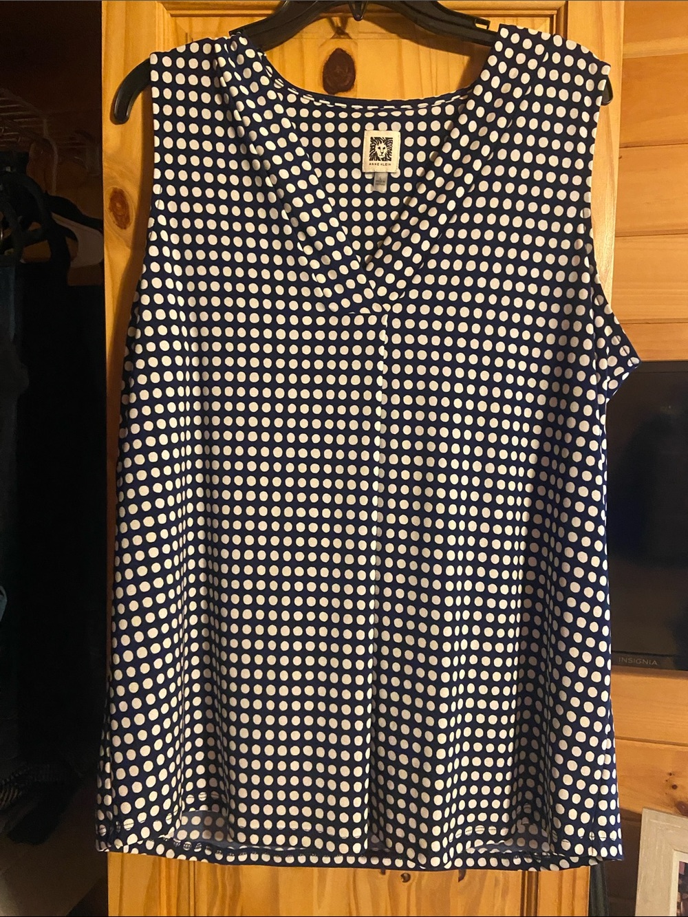 Anne Klein Navy and White Polka Dot Sleeveless V-Neck Blouse